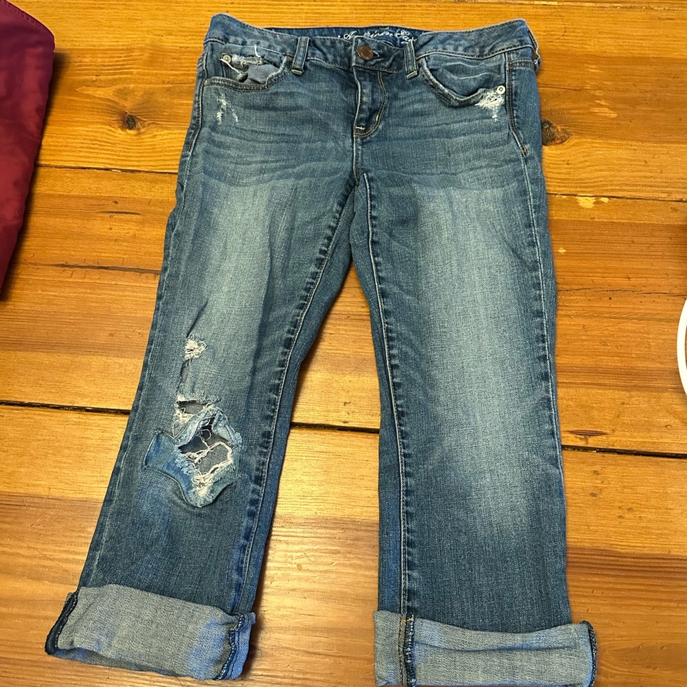 Blue Cropped Distressed Jeans